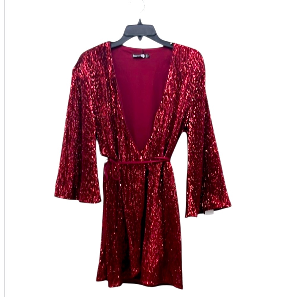 Boohoo Maroon Bugundy Red Sequin Sparkle Flare Sleeve V Neck Wrap Mini Dress NWT